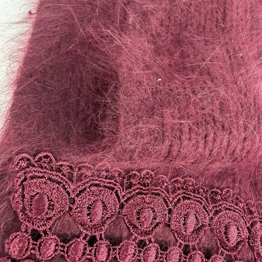 Vintage Venesha Angora Scarf Wrap Fringe Fuzzy Soft Burgundy Maroon Quiet Luxury